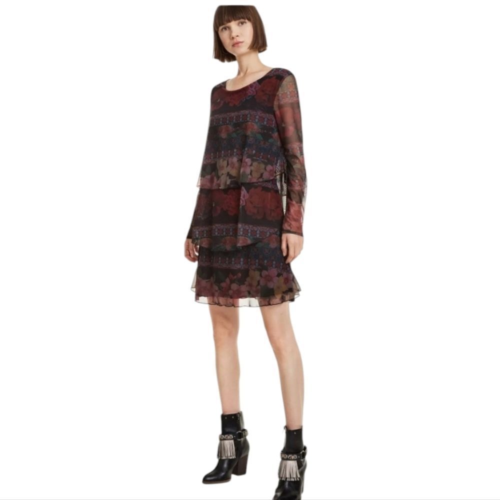 Desigual Logan Dress Sheer Long Sleeve Tiered Mini Black Floral Mesh Layered XL